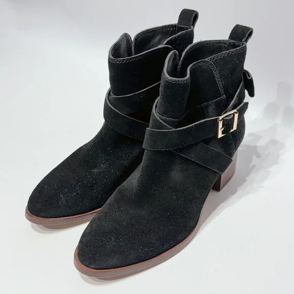 Kate Spade Polly Black Suede Buckle Strap Ankle Booties Boots Women’s Size 8M