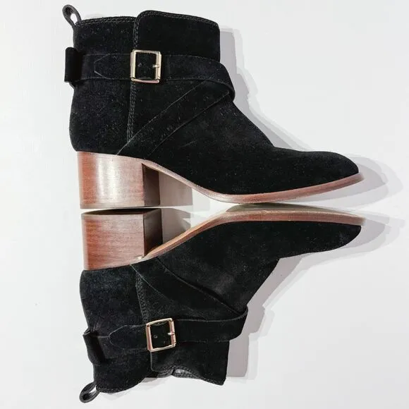 Kate Spade Polly Black Suede Buckle Strap Ankle Booties Boots Women’s Size 8M