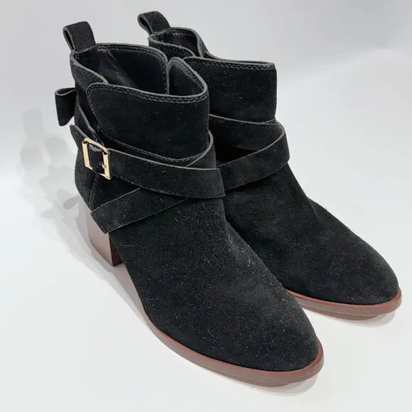 Kate Spade Polly Black Suede Buckle Strap Ankle Booties Boots Women’s Size 8M