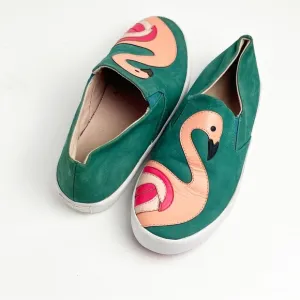 KATE SPADE Selma Green Flamingo Leather Slip On Sneakers, Size 7.5