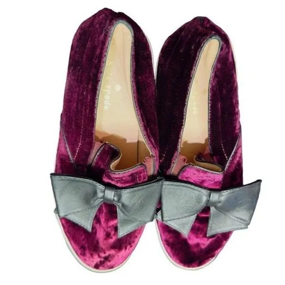 KATE SPADE Shoes Kate Spade Delise Too Bordeaux Velvet Black Nappa Bow Slip On S