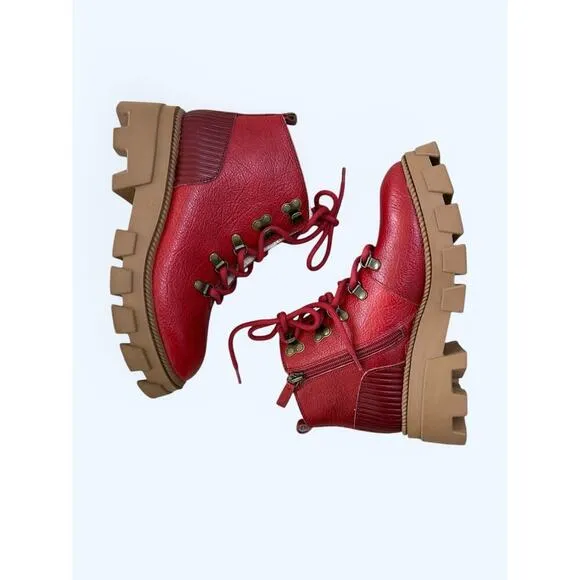 Kelsi Dagger Brooklyn Shoes Red Lace Up Lug Sole Ankle Combat Boots sz 5.5 M EUC