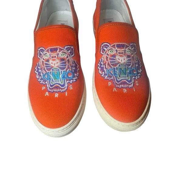 Kenzo K-Skate Tiger Womens Sneakers Sz 7.5 Orange Embroidered Logo Slip On Shoes