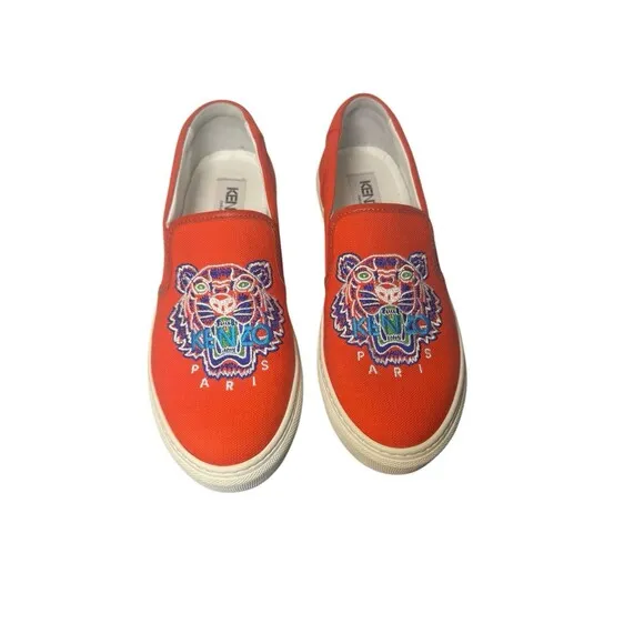 Kenzo K-Skate Tiger Womens Sneakers Sz 7.5 Orange Embroidered Logo Slip On Shoes