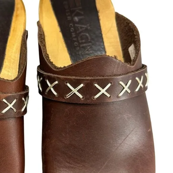 KLAGN Pixie Wood-Brown Leather Clog-Mule-Platform-Women Size 38-Boho