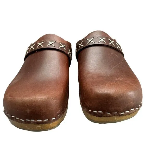 KLAGN Pixie Wood-Brown Leather Clog-Mule-Platform-Women Size 38-Boho