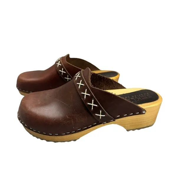 KLAGN Pixie Wood-Brown Leather Clog-Mule-Platform-Women Size 38-Boho