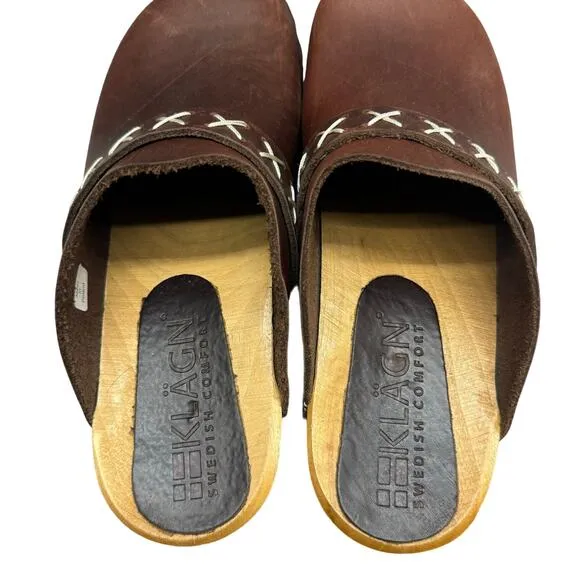 KLAGN Pixie Wood-Brown Leather Clog-Mule-Platform-Women Size 38-Boho