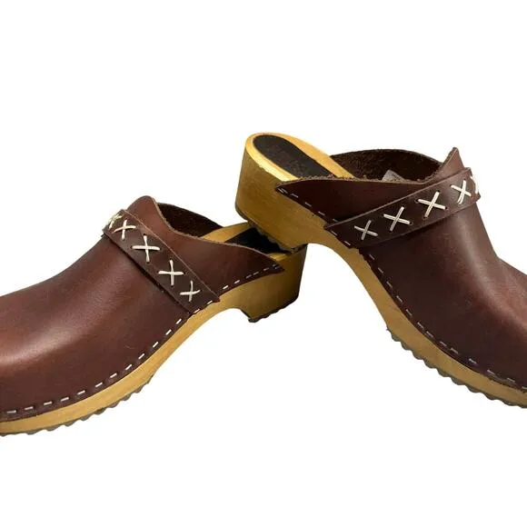 KLAGN Pixie Wood-Brown Leather Clog-Mule-Platform-Women Size 38-Boho