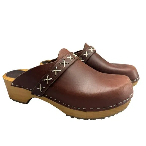 KLAGN Pixie Wood-Brown Leather Clog-Mule-Platform-Women Size 38-Boho