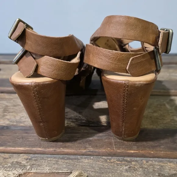 Kork-Ease Dawn Brown Leather Strappy Platform Sandals w/Woven Retro Design