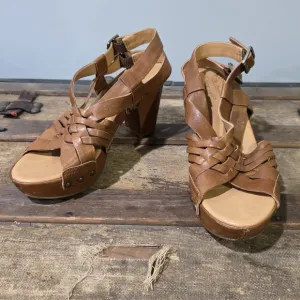 Kork-Ease Dawn Brown Leather Strappy Platform Sandals w/Woven Retro Design