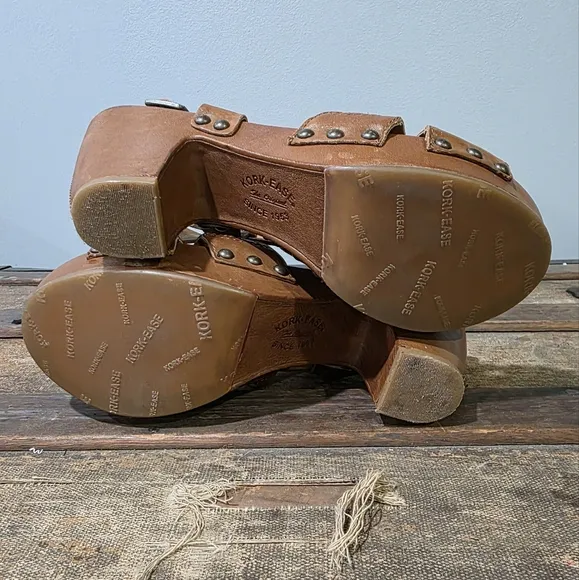 Kork-Ease Dawn Brown Leather Strappy Platform Sandals w/Woven Retro Design