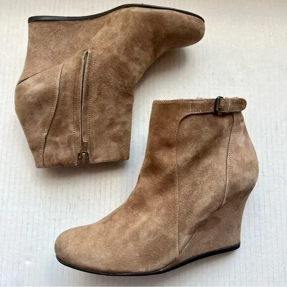 Lanvin Camel Tan Suede Wedge Ankle Boots w/ Side Zipper Women’s EU 37.5 US 6.5
