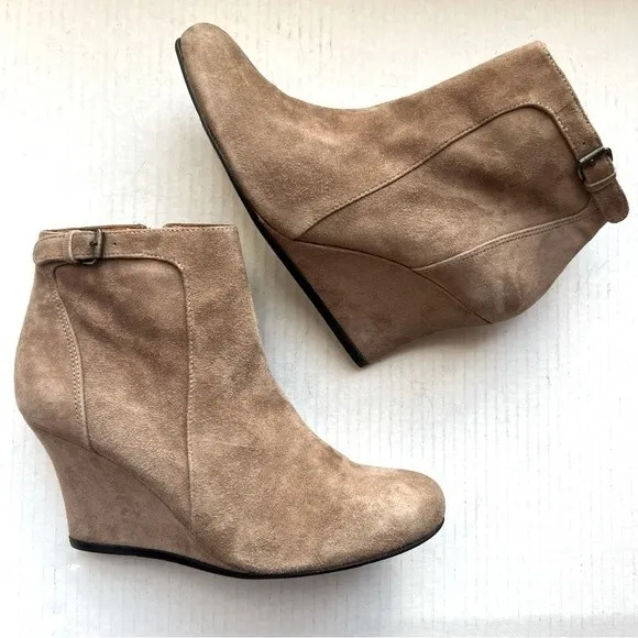 Lanvin Camel Tan Suede Wedge Ankle Boots w/ Side Zipper Women’s EU 37.5 US 6.5