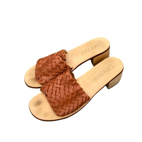 LIBERTÉ Santorini Leather Woven Cognac Mules Heeled Open Toe Sandals