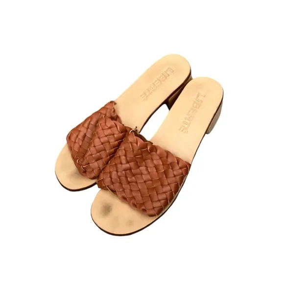 LIBERTÉ Santorini Leather Woven Cognac Mules Heeled Open Toe Sandals