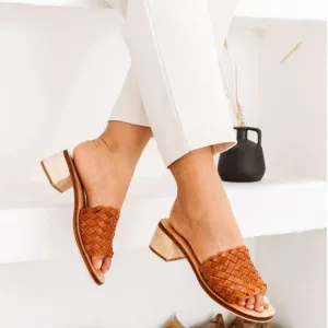 LIBERTÉ Santorini Leather Woven Cognac Mules Heeled Open Toe Sandals