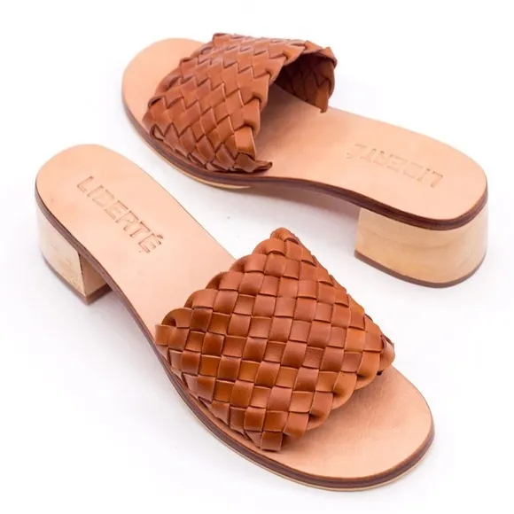 LIBERTÉ Santorini Leather Woven Cognac Mules Heeled Open Toe Sandals
