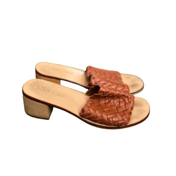 LIBERTÉ Santorini Leather Woven Cognac Mules Heeled Open Toe Sandals