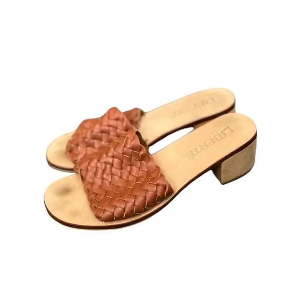 LIBERTÉ Santorini Leather Woven Cognac Mules Heeled Open Toe Sandals