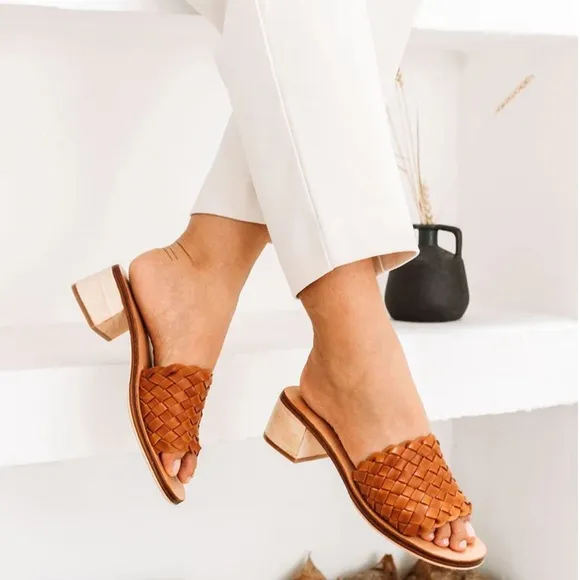 LIBERTÉ Santorini Leather Woven Cognac Mules Heeled Open Toe Sandals