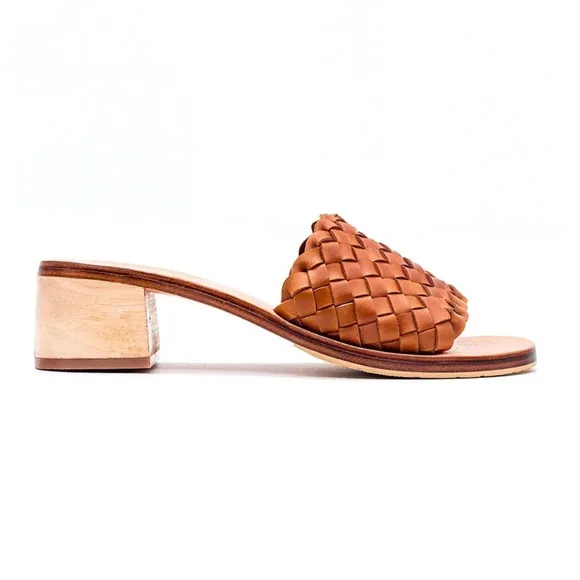 LIBERTÉ Santorini Leather Woven Cognac Mules Heeled Open Toe Sandals