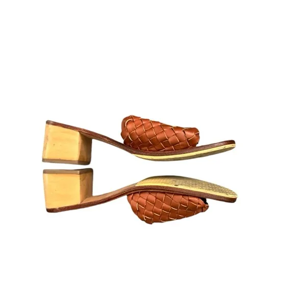 LIBERTÉ Santorini Leather Woven Cognac Mules Heeled Open Toe Sandals