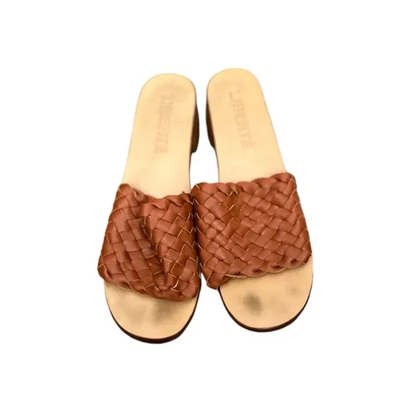 LIBERTÉ Santorini Leather Woven Cognac Mules Heeled Open Toe Sandals