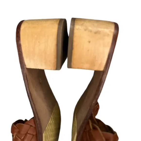 LIBERTÉ Santorini Leather Woven Cognac Mules Heeled Open Toe Sandals