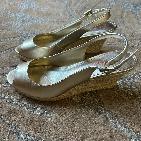 Lilly Pulitzer Gigi Gold Metallic Woven Slingback Wedge, Size 9.5 Women.