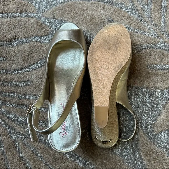 Lilly Pulitzer Gigi Gold Metallic Woven Slingback Wedge, Size 9.5 Women.