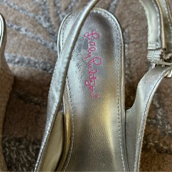 Lilly Pulitzer Gigi Gold Metallic Woven Slingback Wedge, Size 9.5 Women.