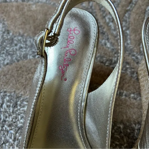 Lilly Pulitzer Gigi Gold Metallic Woven Slingback Wedge, Size 9.5 Women.