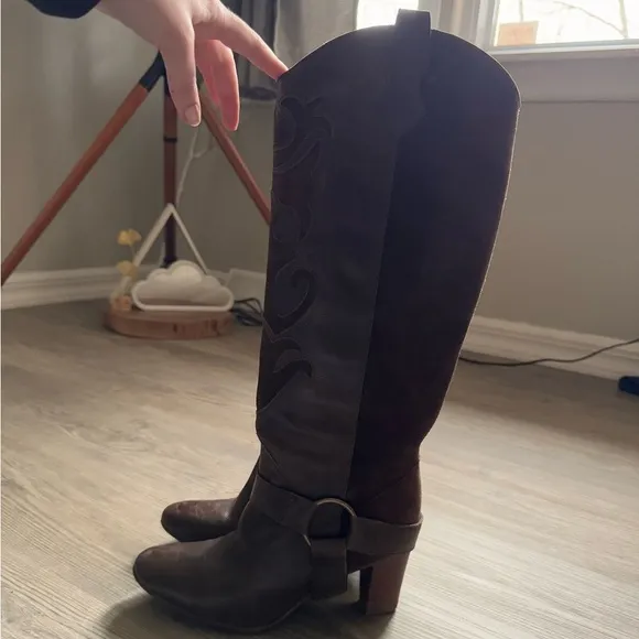 LL Bean Tall Harness Knee Heeled Riding Boots Laser Cut Out Suede Brown Leather