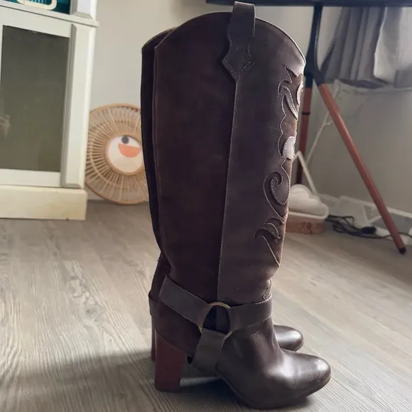 LL Bean Tall Harness Knee Heeled Riding Boots Laser Cut Out Suede Brown Leather