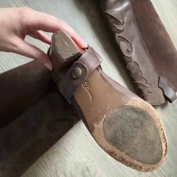 LL Bean Tall Harness Knee Heeled Riding Boots Laser Cut Out Suede Brown Leather