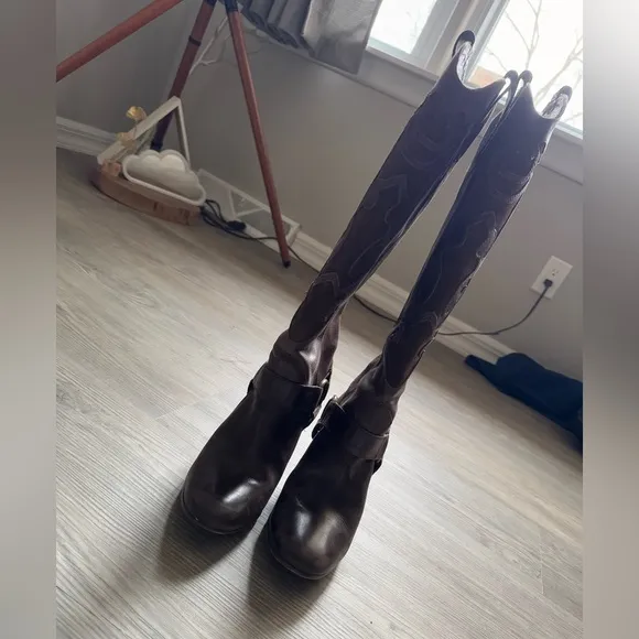 LL Bean Tall Harness Knee Heeled Riding Boots Laser Cut Out Suede Brown Leather