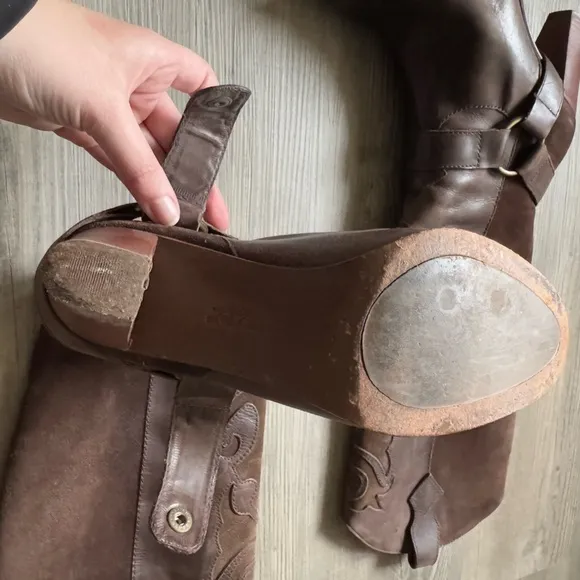 LL Bean Tall Harness Knee Heeled Riding Boots Laser Cut Out Suede Brown Leather