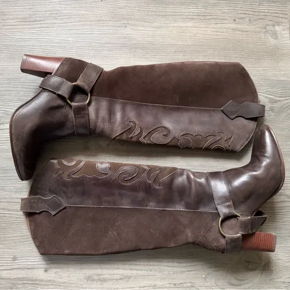LL Bean Tall Harness Knee Heeled Riding Boots Laser Cut Out Suede Brown Leather