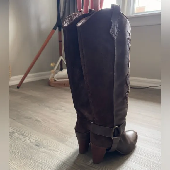 LL Bean Tall Harness Knee Heeled Riding Boots Laser Cut Out Suede Brown Leather