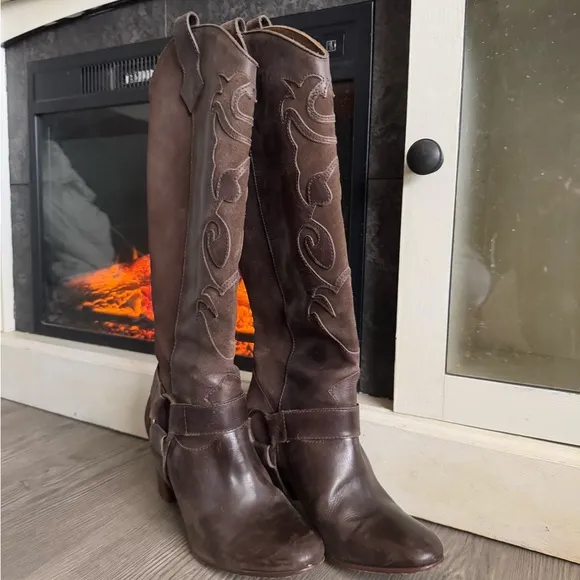 LL Bean Tall Harness Knee Heeled Riding Boots Laser Cut Out Suede Brown Leather