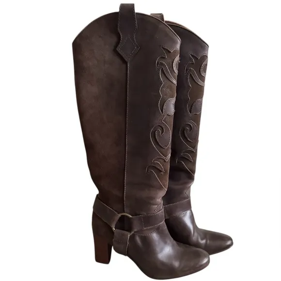 LL Bean Tall Harness Knee Heeled Riding Boots Laser Cut Out Suede Brown Leather