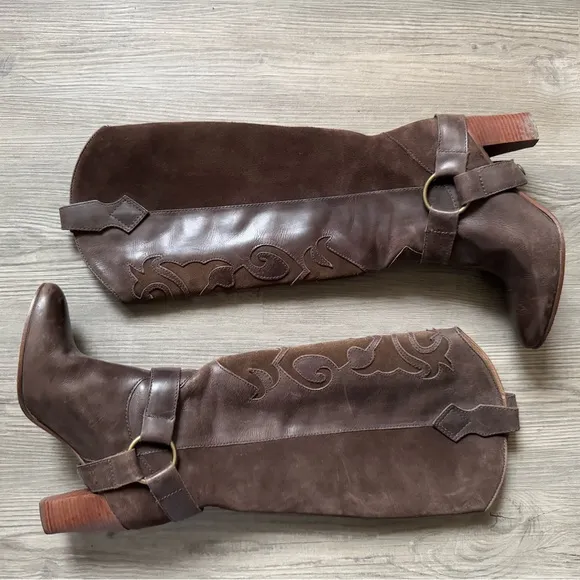 LL Bean Tall Harness Knee Heeled Riding Boots Laser Cut Out Suede Brown Leather