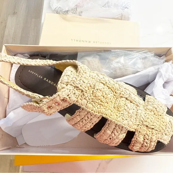Loeffler Randall | Sawyer Natural Crochet Caged Raffia Flat Fisherman Sandal NEW