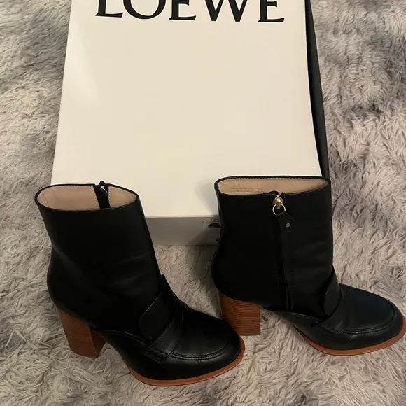 Loewe Black Leather Botta Mocassin Loafer Women's Boots