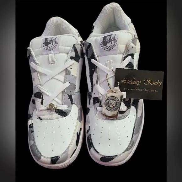 Luxury Kicks By Vlado Urban Footwear | Gray\ Camo\ White | Logo Bling | NEW 🩶👟