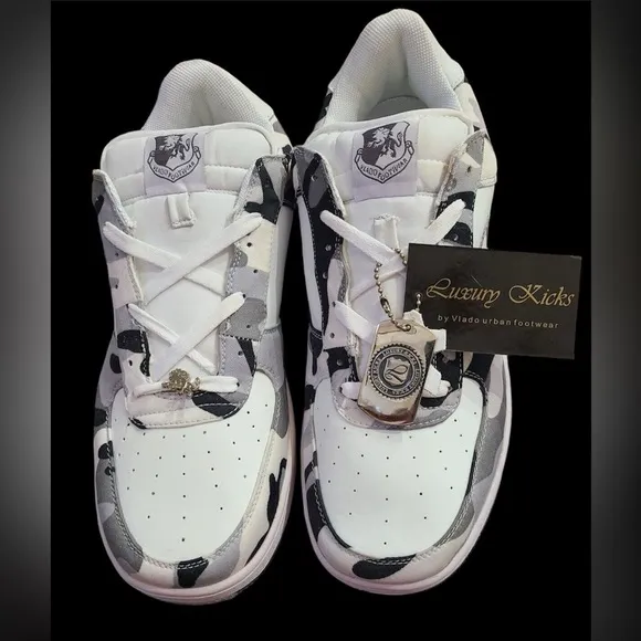 Luxury Kicks By Vlado Urban Footwear | Gray\ Camo\ White | Logo Bling | NEW 🩶👟