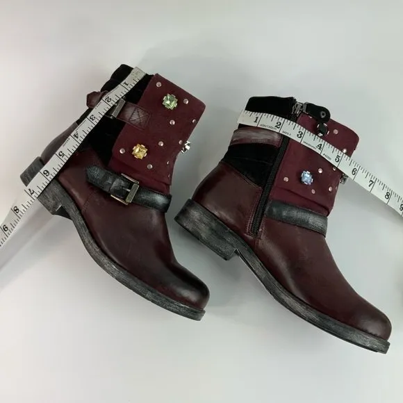 Maciejka Ankle Bootie Size 6.5M Maroon Otto Leather Embellished Shoes