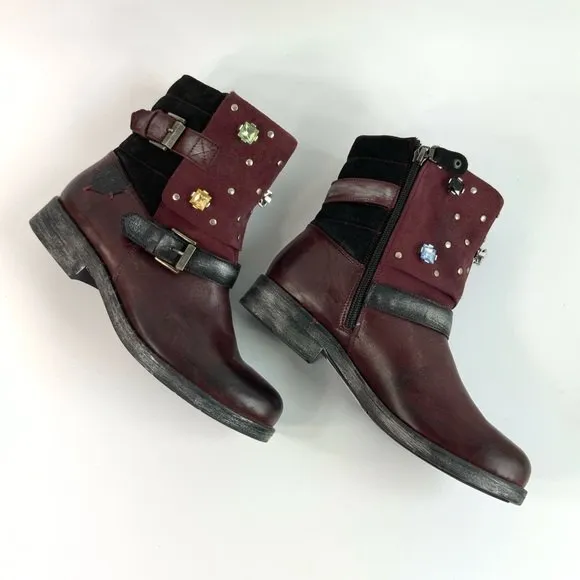Maciejka Ankle Bootie Size 6.5M Maroon Otto Leather Embellished Shoes